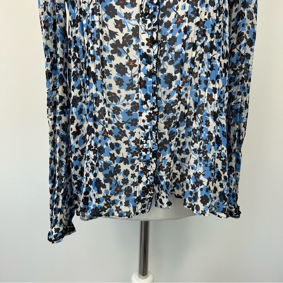 Jigsaw Blouse Size 10 Blue Floral Long Sleeves Ruffle Trims Chiffon - Picture 4 of 6
